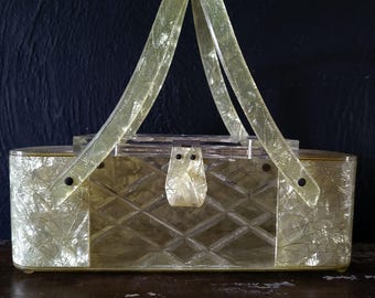 Vintage Lucite Purse Patricia of Miami Confetti String Double Handle Box Purse