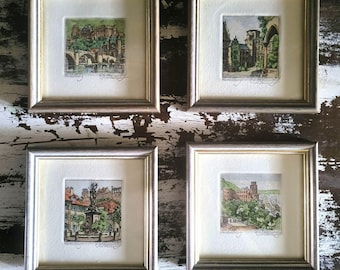 Set von 4 Vtg gerahmten Miniatur Radierungen Willi Foerster Heidelberg Szenen