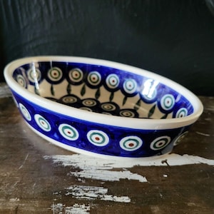 Vintage Boleslawiec Polish Pottery Peacock Pattern 6&quot; Oval Baker