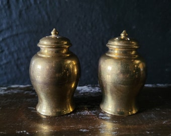 Pair of Small Vintage Ginger Jar Brass Salt & Pepper Shakers, Chinoiserie