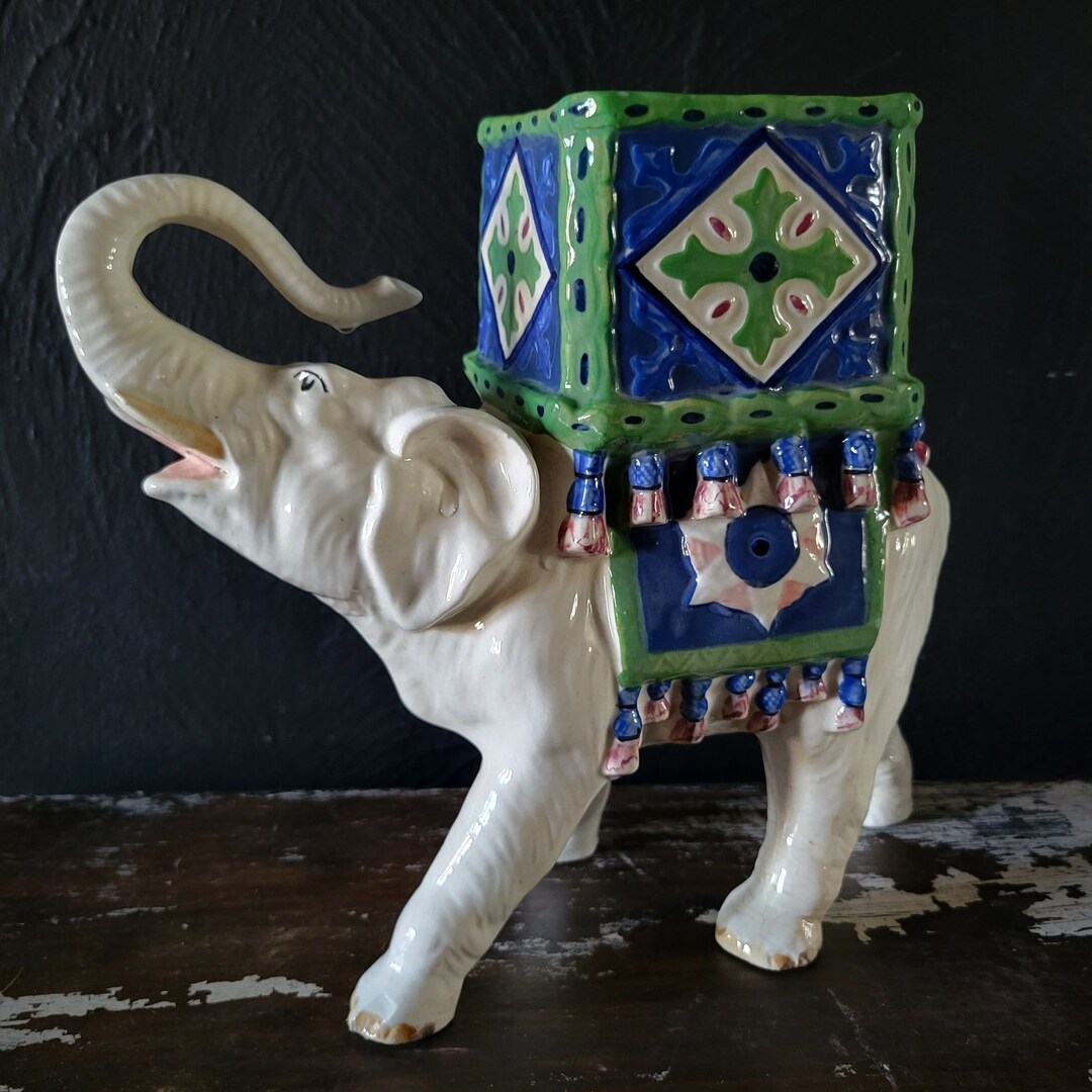 Vintage Elephant Planter, Ceramic Elephant Statue, Lucky Elephant Trunk