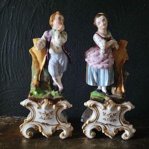 Pair of Antique Paris Porcelain Figural Boy and Girl Scent Bottle / Bud Vase