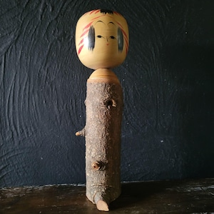 Vtg Handcrafted Japanese Kokeshi Doll Natural Wood Trunk Body Signed by Artist