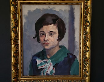 Vintage schilderij van Pierre Villain, portret van een Frans meisje, gesigneerd, olieverfschilderij op paneel.