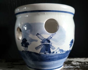Vtg Delft Blauw Crocus Bowl/Bulb Planter Molino de viento y velero Diseño Holanda