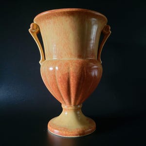 Vtg Ceramic Orange & Yellow Glazed Urn Vase w/Decorative Handles 8.25&quot;  (1 of 2)