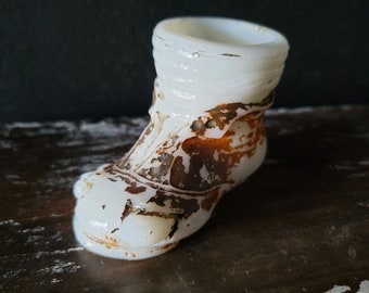 Antique Painted Milk Glass Tramp Shoe,  "Shoes of Glass", Milk Glass Toothpick Holder