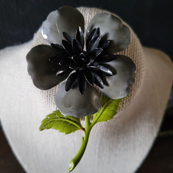 Vintage Gray And Black Flower Metal Brooch, 60s B… - image 1