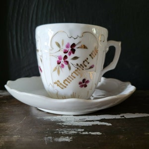 Antique Mustache Cup and Saucer &quot;Remember Me&quot; Flowers, Germany Mustache Mug