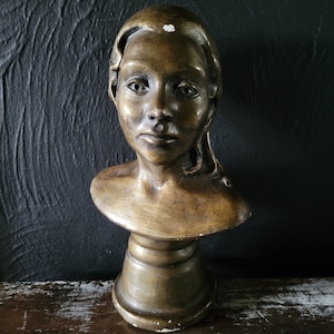 Signed 1970s Vintage Gold Chalkware Bust Of Female
