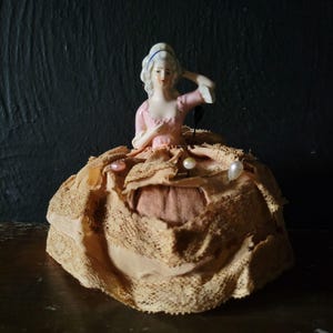 Antique Porcelain Half Doll Pin Cushion, Sewing Room Decor, Tattered Dress Doll