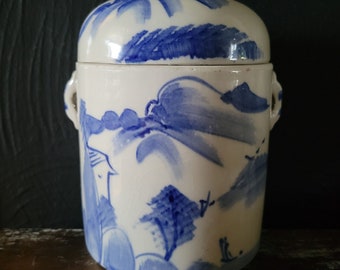 Boîte à thé bleue et blanche en porcelaine chinoise peinte à la main vintage, boîte