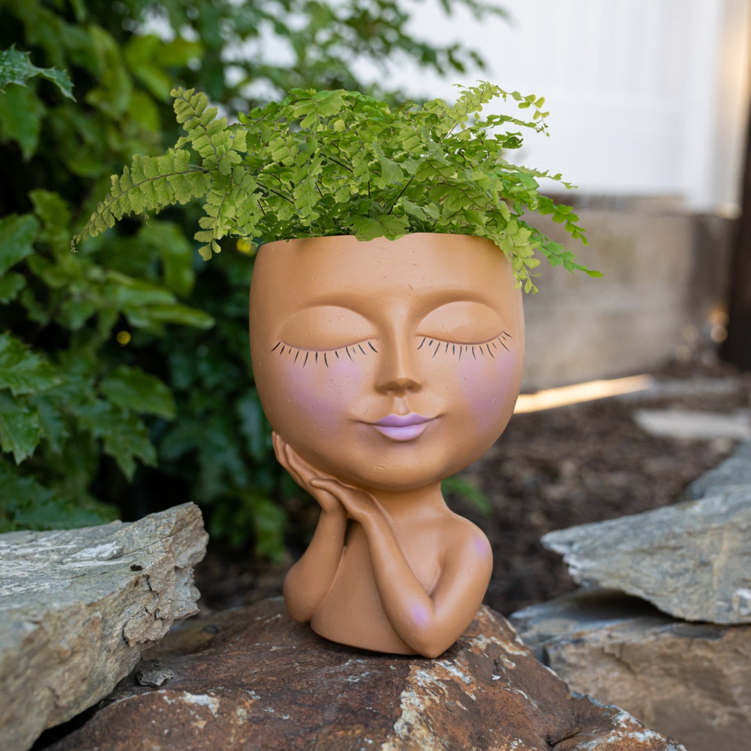 Head Planter Whimsical 8 Inch Face Plant Pot With Drainage Hole, Plug