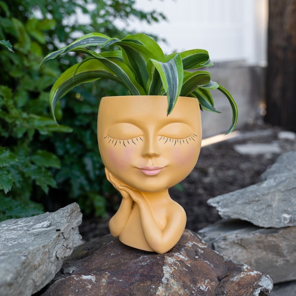 Head Planter - Whimsical 8 Inch Face Plant Pot With Drainage Hole, Plug, and Custom-Sized Plastic Liner for Easy Planting - Durably Crafted
