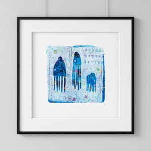 Squid Row  |  9" x 9" Blue Squid artwork  |  Whimsical Squid Wall Art |  Blue Squid in a Row  |  Sea Creatures |  Giclée Fine Art Print