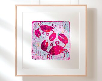 Being Crabs |  9&quot; x 9&quot; Crab Print |  2 Adorable Pink Crabs Playing |  Pink Crabs wall art  |  Crab Print  |  Giclée Fine Art Print