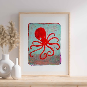 OctavioIn Red 14 x 17 Octopus Artwork Octopus with heart legs Octopus wall art Octopus heart legs Eight Legs image 1