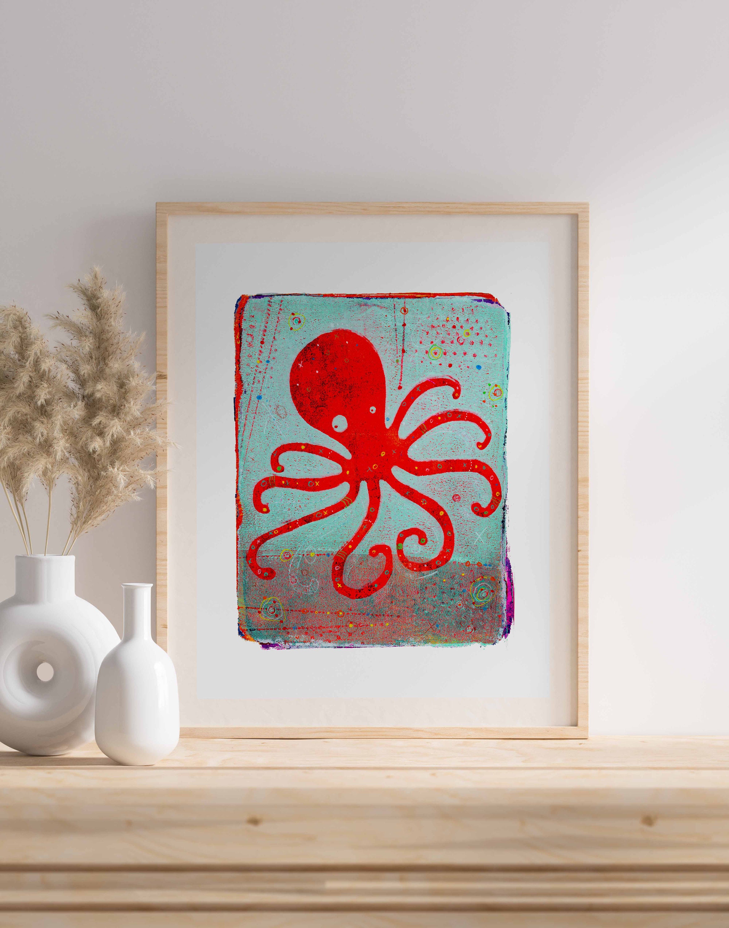 Octavio—In Red  |  14" x 17" Octopus Artwork  |  Octopus with heart legs  |  Octopus wall art  |  Octopus heart legs  |  Eight Legs