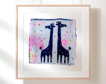 Giraffe Wall Art – Boho Nursery Wall Art, Two Blue Giraffes, Playful Kids Room and Nursery Decor, Safari Nursery Decor, Animal Wall Art