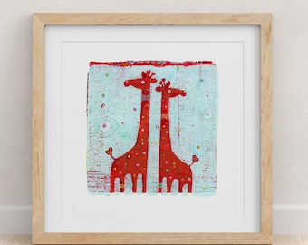 Giraffe Wall Art – Boho Nursery Wall Art, Two Red Giraffes, Playful Kids Room and Nursery Decor, Safari Nursery Decor, Animal Wall Art