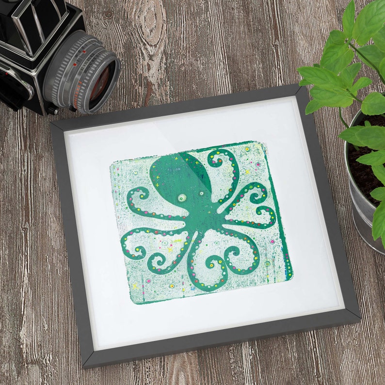 8 of HeartsIn Green 9 x 9 Octopus with Legs that Make Hearts Print Great Gift for Kids Shower Gift Giclée Fine Art Print image 2