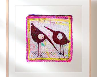 Pecking Order |  9" x 9" two whimsical birds | hand drawn bird print |  Bird wall art  |  Giclée Art Print | boho style art