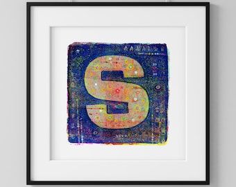 Letter S  |  Letter S Artwork  |  Letter S Wall Print |  Blue Capital Letter S  | High-Quality Giclée Print
