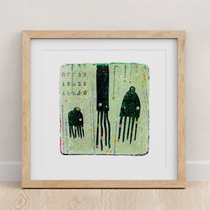 Squid Row  |  9" x 9" Green Squid artwork  |  Whimsical Squid Wall Art |  Green Squid in a Row  |  Sea Creatures |  Giclée Fine Art Print