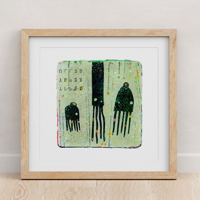 Squid Row 9 x 9 Green Squid artwork Whimsical Squid Wall Art Green Squid in a Row Sea Creatures Giclée Fine Art Print image 1