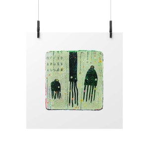 Squid Row 9 x 9 Green Squid artwork Whimsical Squid Wall Art Green Squid in a Row Sea Creatures Giclée Fine Art Print image 2