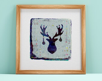 Holiday Moose  |  9" x 9" Moose with Ornaments  |  Holiday Moose Giclée Print  |  Whimsical Christmas Moose