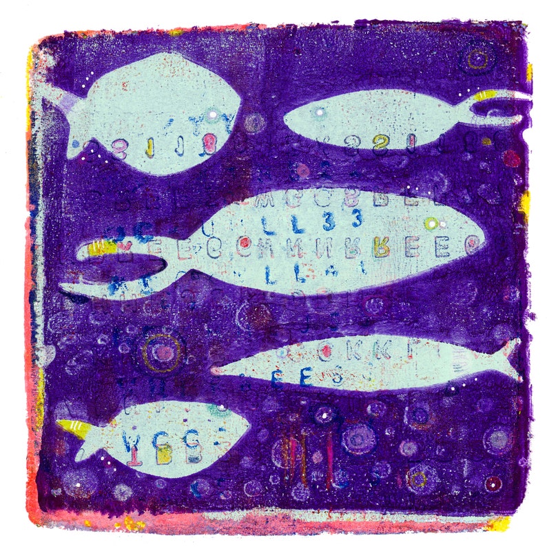 Fish KindIn Purple & Blue 9x9 Whimsical Fish Art Print Fish Wall Art Blue Fish Artwork Fine Art Giclée Print 5 Fish image 4