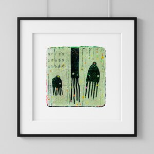 Squid Row 9 x 9 Green Squid artwork Whimsical Squid Wall Art Green Squid in a Row Sea Creatures Giclée Fine Art Print image 3