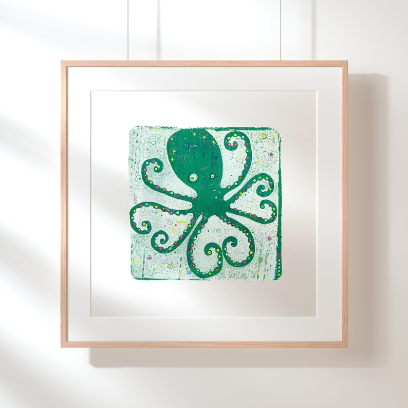 8 of HeartsIn Green 9 x 9 Octopus with Legs that Make Hearts Print Great Gift for Kids Shower Gift Giclée Fine Art Print image 1