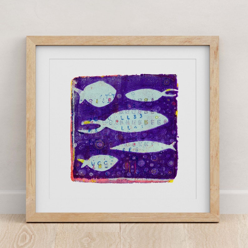 Fish KindIn Purple & Blue 9x9 Whimsical Fish Art Print Fish Wall Art Blue Fish Artwork Fine Art Giclée Print 5 Fish image 1