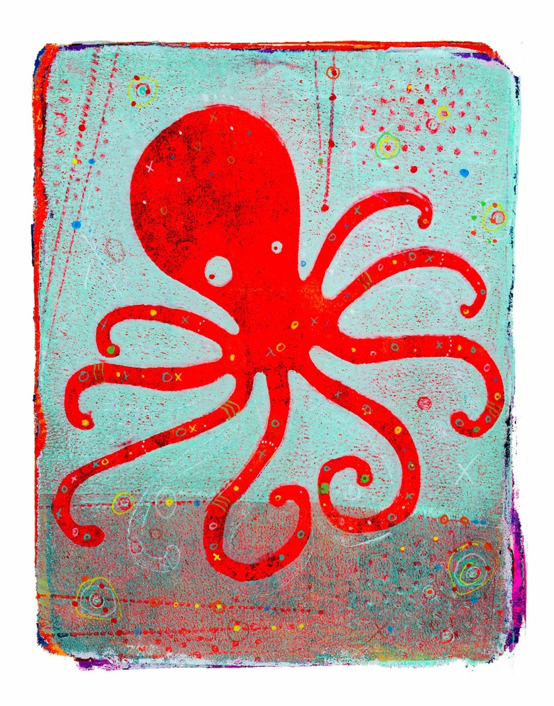 OctavioIn Red 14 x 17 Octopus Artwork Octopus with heart legs Octopus wall art Octopus heart legs Eight Legs image 4