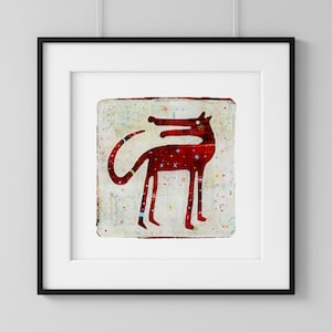 Hindsight—In Red  |  9"x9" Dog Chasing Tail Print  |  Whimsical Dog Looking Back  |  Giclée Fine Art Print