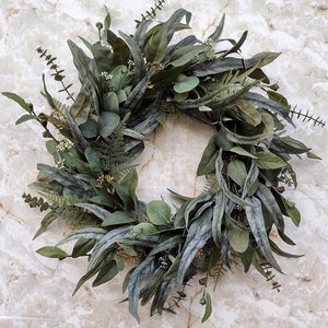 Year Round Mixed Eucalyptus Greenery Modern Farmhouse Front Door or Mantle Wreath, Any Style Decor Wreath, Business Gift Wreath