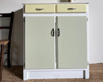 Vintage Formica Topped Kitchen Cupboard, Island Unit, Vintage Storage Cupboard. Yellow, Lime and White with Chrome and Black Handles