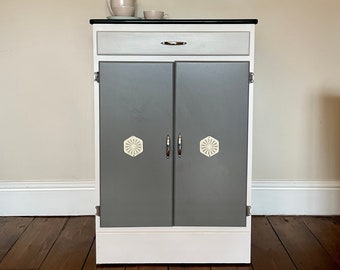 Vintage 1950s Aqua Formica Topped Kitchen Cupboard/Vintage Storage cupboard in Grey, White and Putty