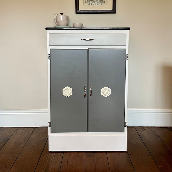 Vintage 1950s Aqua Formica Topped Kitchen Cupboard/Vintage Storage cupboard in Grey, White and Putty