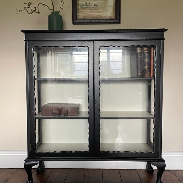 Vintage 1950s Black Gin/Display Glass Cabinet with two Lockable Doors on Ball and Claw Legs