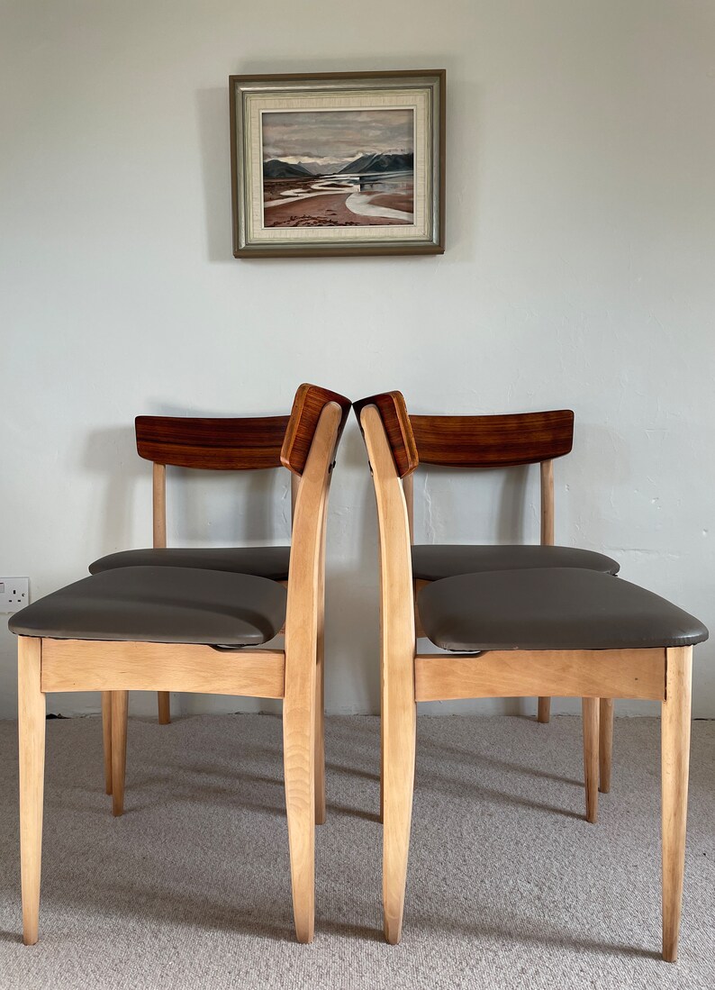 Vintage Mid Century Vinyl Chairs, Teak Backed With Chocolate/mink Brown