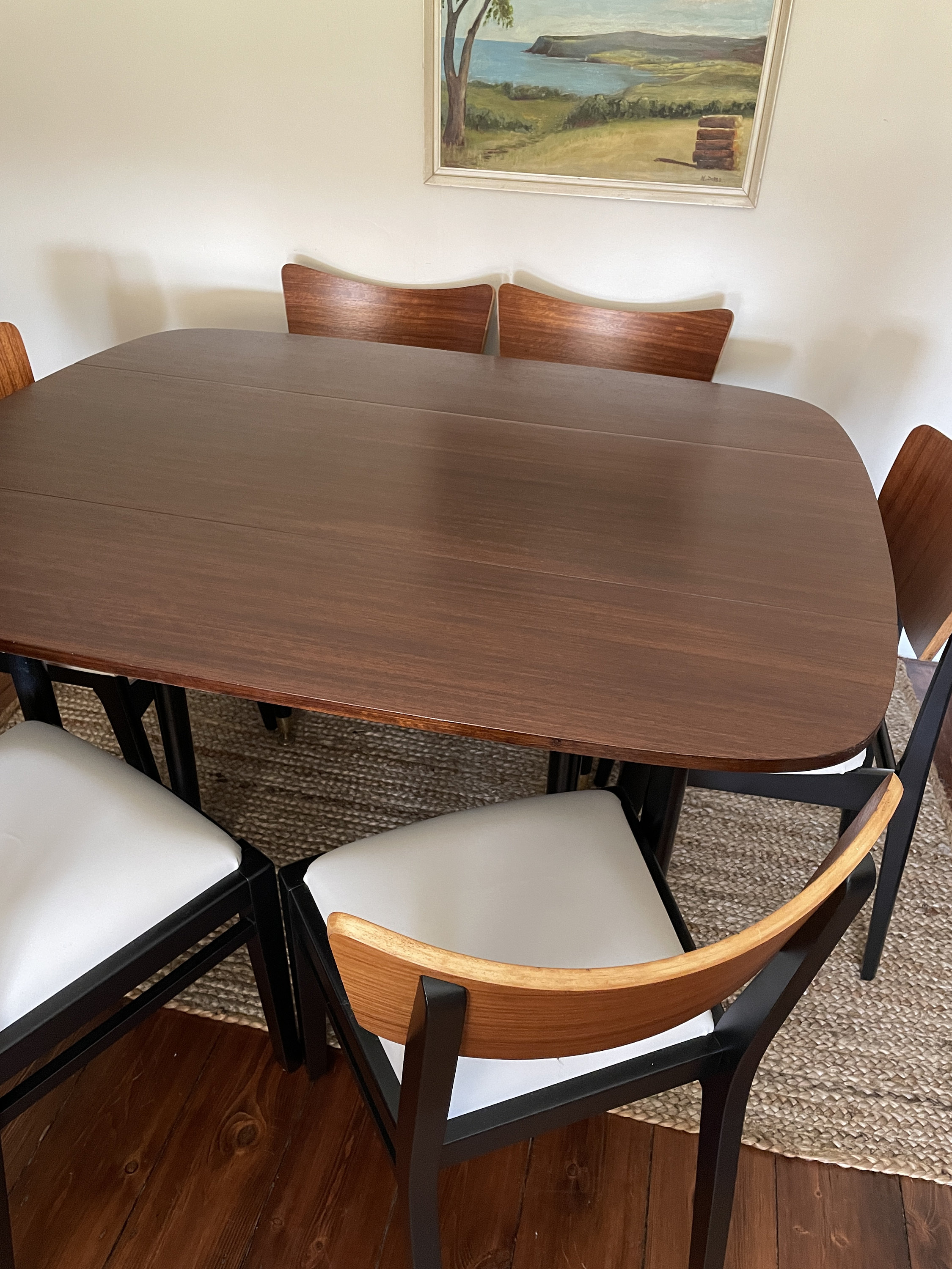 Midcentury 1950s Drop Leaf Table With Six Black and Cream Butterfly