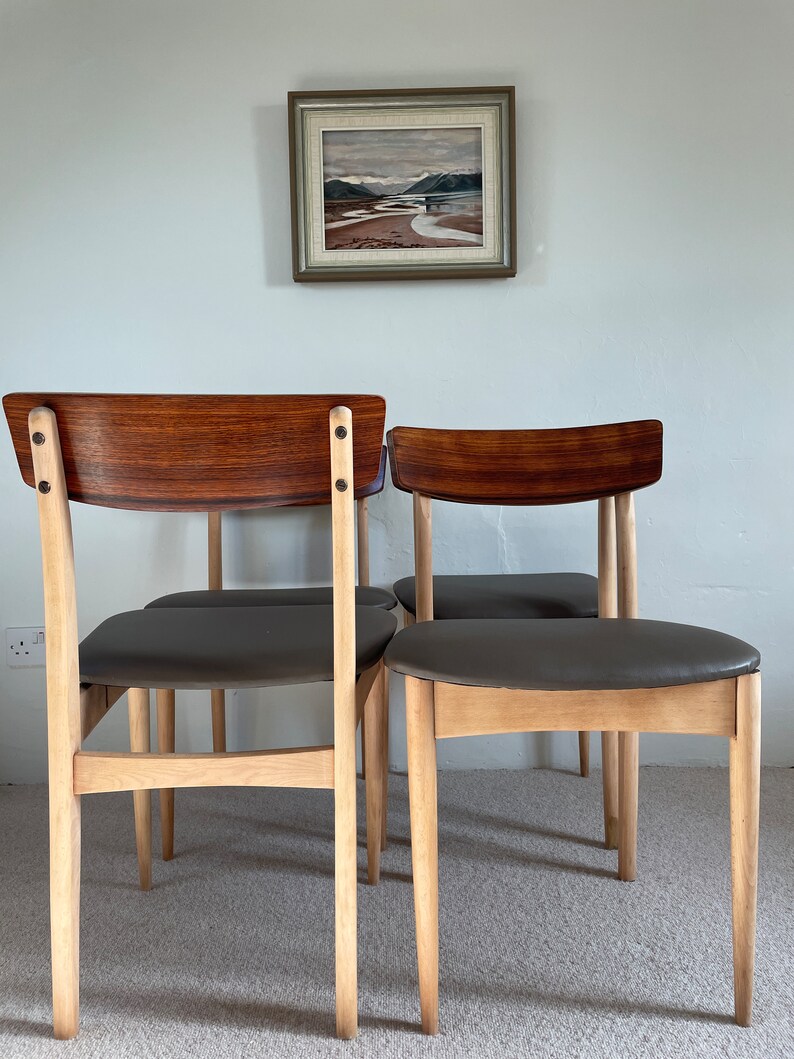 Vintage Mid Century Vinyl Chairs, Teak Backed With Chocolate/mink Brown