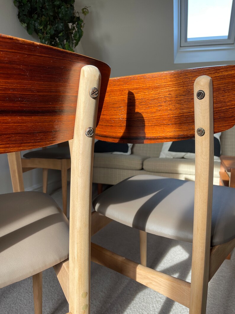 Vintage Mid Century Vinyl Chairs, Teak Backed With Chocolate/mink Brown