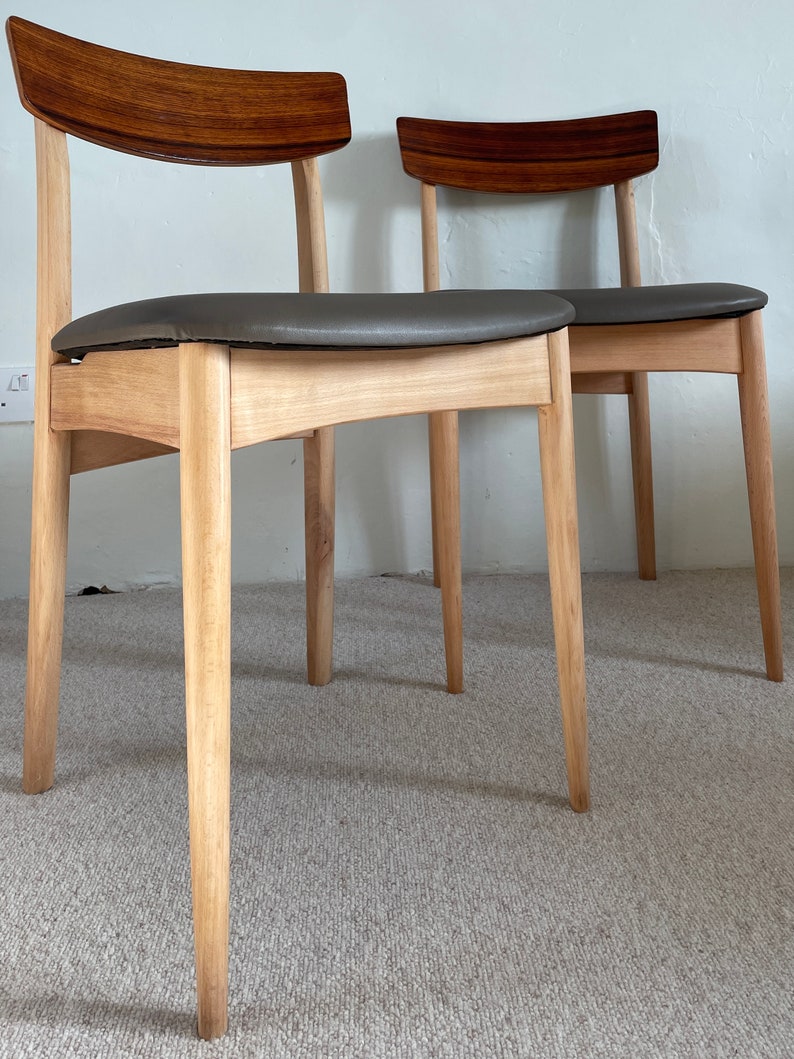 Vintage Mid Century Vinyl Chairs, Teak Backed With Chocolate/mink Brown