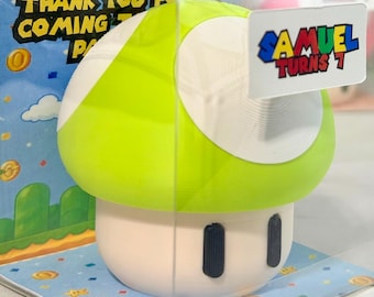 mushroom party favor, bro, coin bank, game, birthday gift, mario