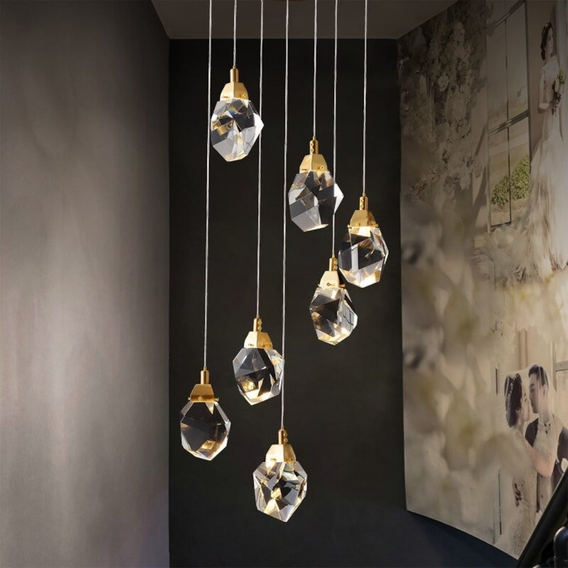 Modern Crystal Staircase Chandelier Long Loft Diamond Crystal Etsy