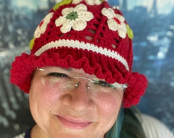 Red Cloche Hat with added flowers & pearls  - Teen or Adult - This hat is stylish and would be a great addition for Christmas outfit.